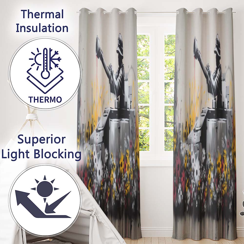 Tank Surrounded by Wildflowers Anti War Street Art Expressive Wall Art Home Decor Readymade Eyelet Ring Top Thermal 100% Blackout Curtains