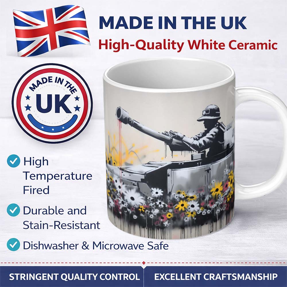 Tank Surrounded by Wildflowers Anti War Street Art 11oz Ceramic Coffee Tea Mug White Large Handle