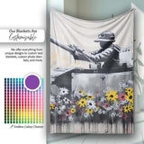 Tank Surrounded by Wildflowers Anti War Street Art, All Season Comfort, Stylish Room Decoration - Super Soft Fleece Blanket Bed Sofa Throw