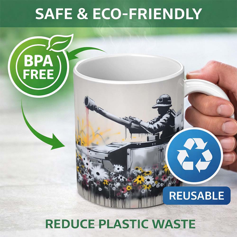Tank Surrounded by Wildflowers Anti War Street Art 11oz Ceramic Coffee Tea Mug White Large Handle