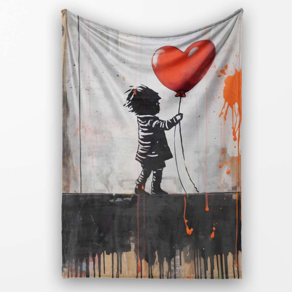 Little Girl Holding Red Heart Balloon Graffiti, Lightweight Warm Gift, Comfortable Everyday Use - Super Soft Fleece Blanket Bed Sofa Throw