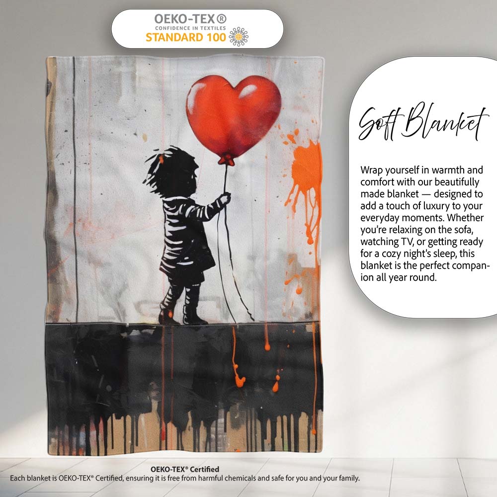 Little Girl Holding Red Heart Balloon Graffiti, Lightweight Warm Gift, Comfortable Everyday Use - Super Soft Fleece Blanket Bed Sofa Throw