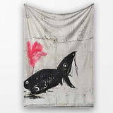 Large Fish and Little Girl with Pink Flower Street Art, Decorative Comfortable Everyday Comfort - Super Soft Fleece Blanket Bed Sofa Throw