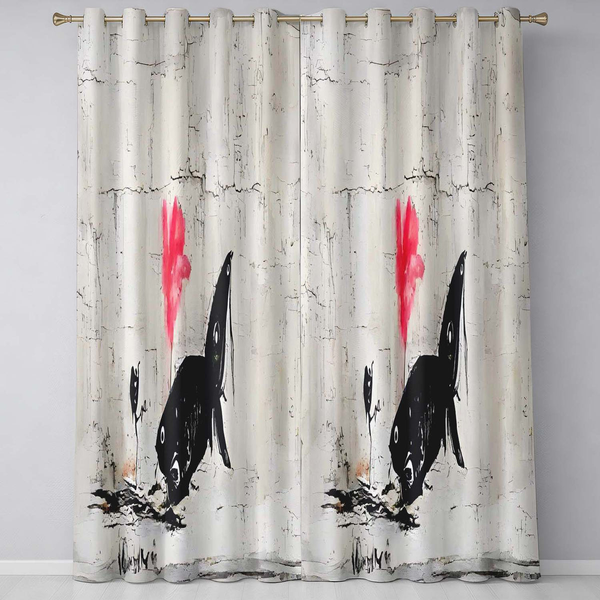 Large Fish and Little Girl with Pink Flower Street Art Modern Artistic Home Decor Readymade Eyelet Ring Top Thermal 100% Blackout Curtains