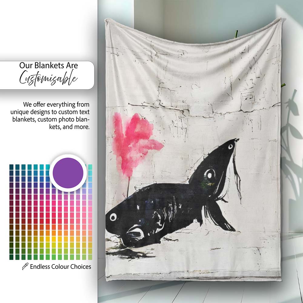 Large Fish and Little Girl with Pink Flower Street Art, Decorative Comfortable Everyday Comfort - Super Soft Fleece Blanket Bed Sofa Throw
