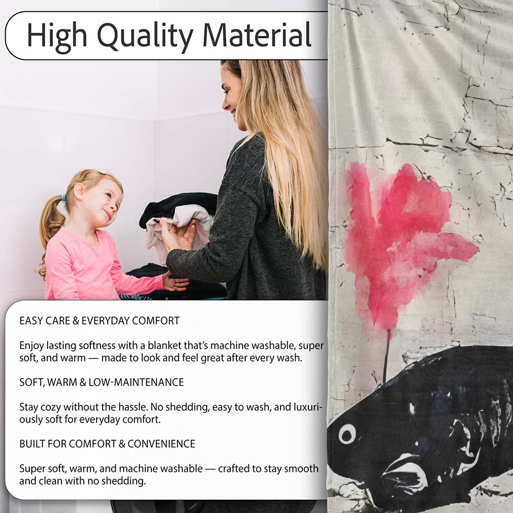 Large Fish and Little Girl with Pink Flower Street Art, Decorative Comfortable Everyday Comfort - Super Soft Fleece Blanket Bed Sofa Throw