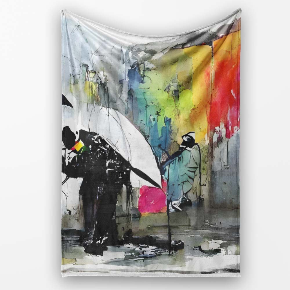 Umbrella Painter Creating Rainbow Wall Graffiti, Bedroom Living Room Accent, All Season Comfort - Super Soft Fleece Blanket Bed Sofa Throw