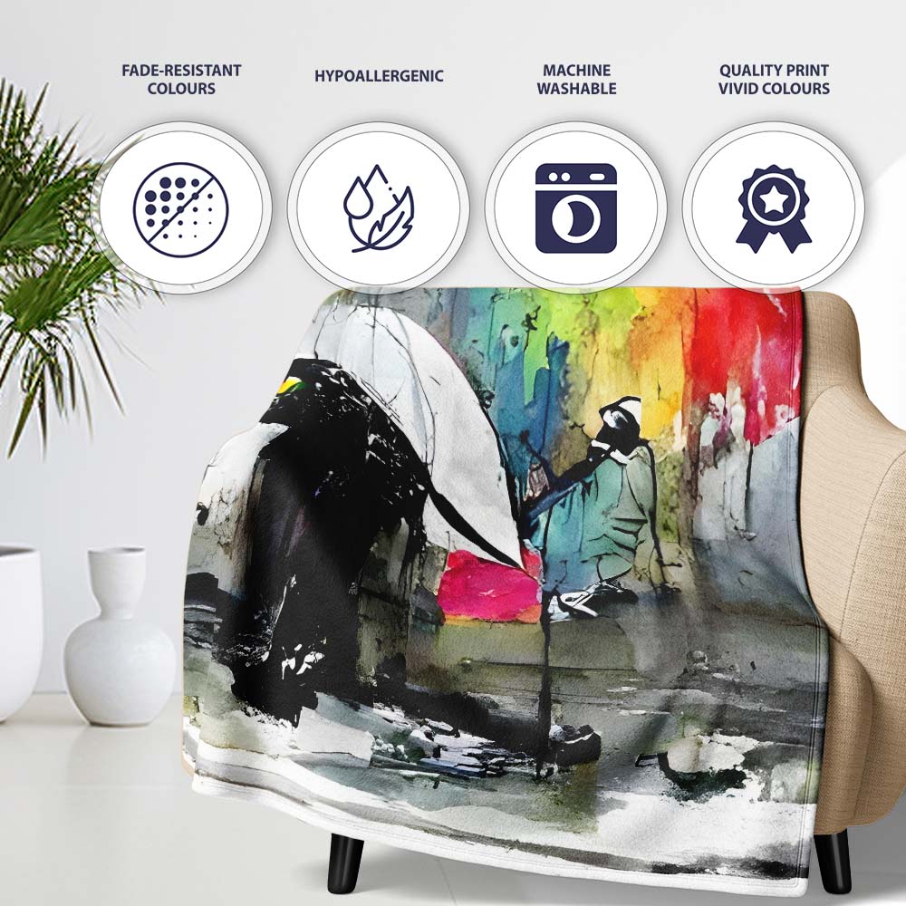 Umbrella Painter Creating Rainbow Wall Graffiti, Bedroom Living Room Accent, All Season Comfort - Super Soft Fleece Blanket Bed Sofa Throw