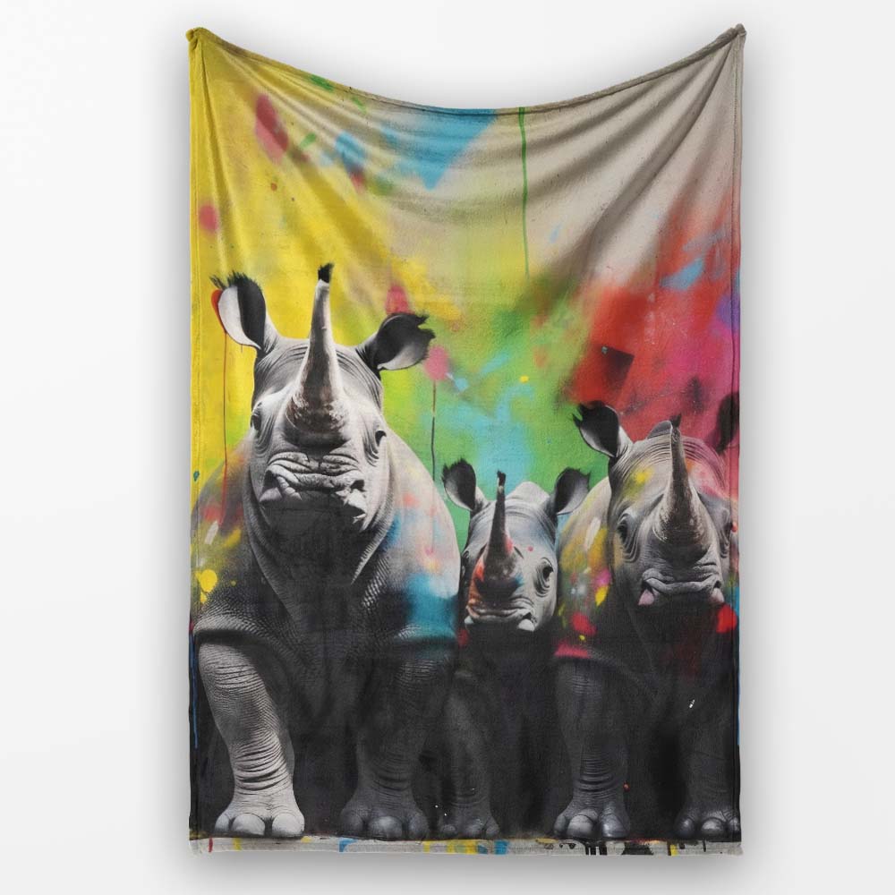 Colour Splash Rhino Family Portrait Urban Graffiti, All Season Comfort, Stylish Room Decoration - Super Soft Fleece Blanket Bed Sofa Throw