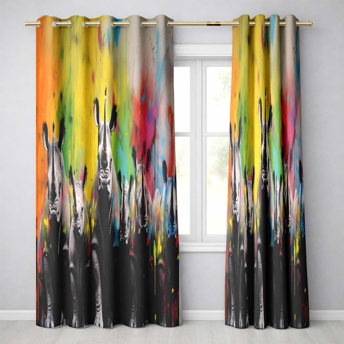 Colour Splash Rhino Family Portrait Urban Graffiti Artistic Design for Home Decor Readymade Eyelet Ring Top Thermal 100% Blackout Curtains