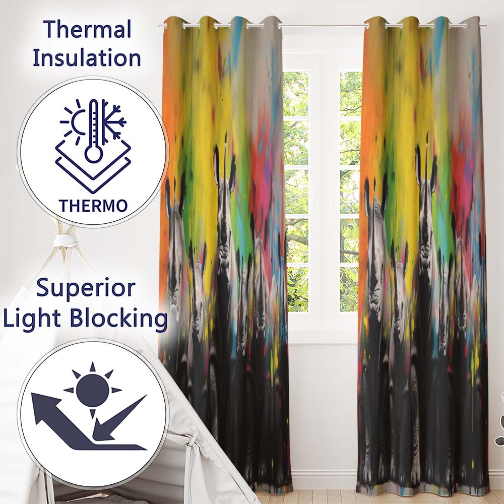 Colour Splash Rhino Family Portrait Urban Graffiti Artistic Design for Home Decor Readymade Eyelet Ring Top Thermal 100% Blackout Curtains