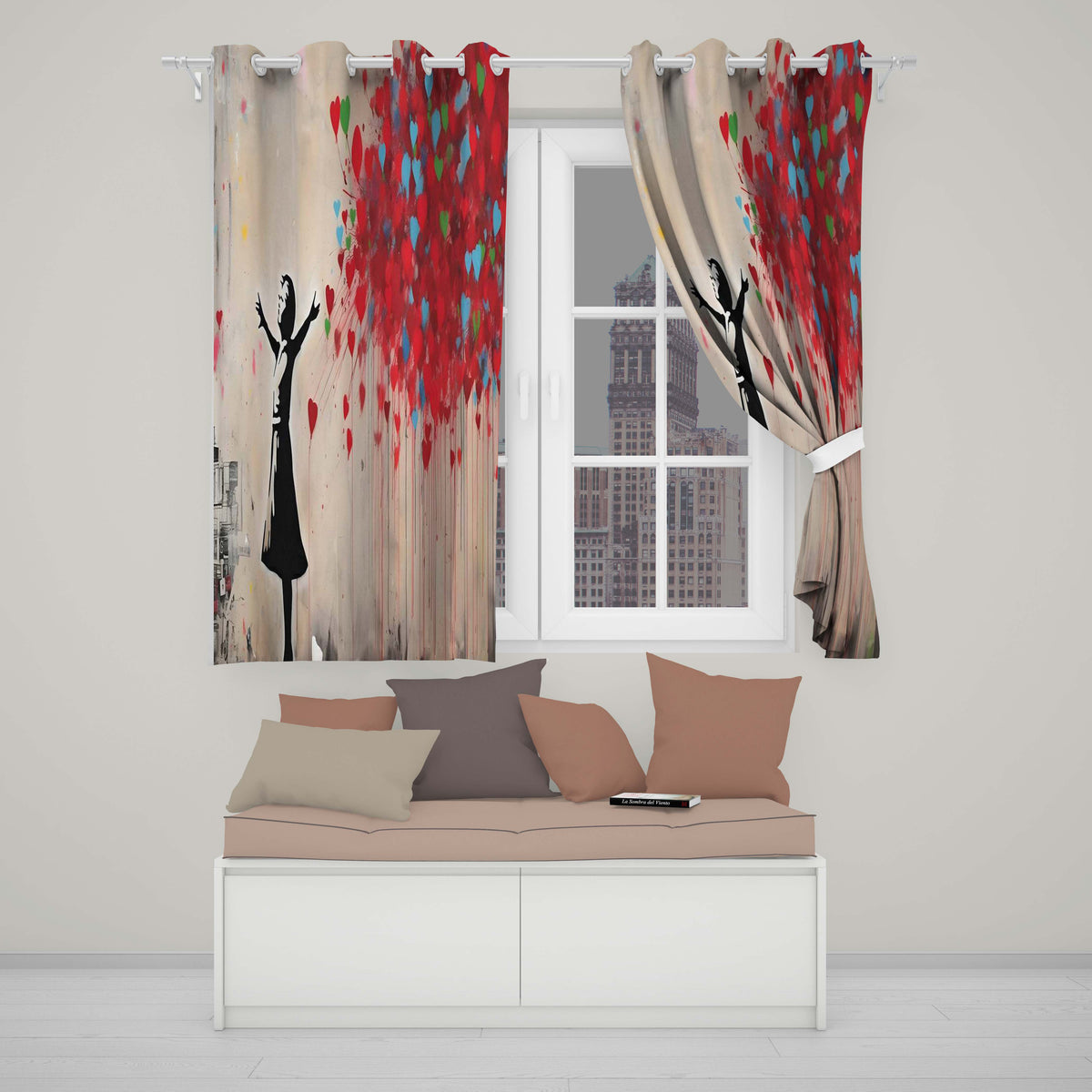 Girl Releasing Colourful Heart Balloons Street Art Striking Design for Home Decor Readymade Eyelet Ring Top Thermal 100% Blackout Curtains