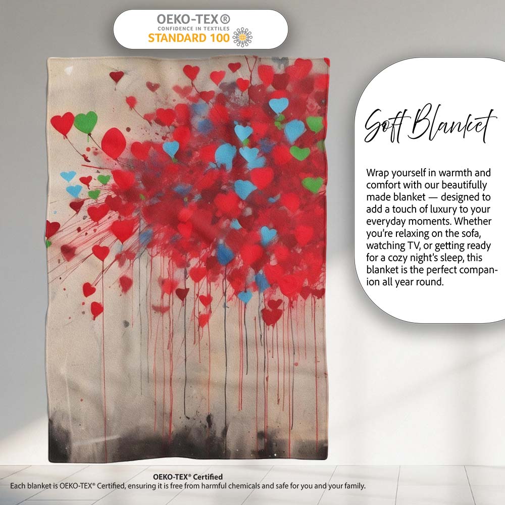 Girl Releasing Colourful Heart Balloons Street Art, All Season Comfort, Stylish Room Decoration - Super Soft Fleece Blanket Bed Sofa Throw