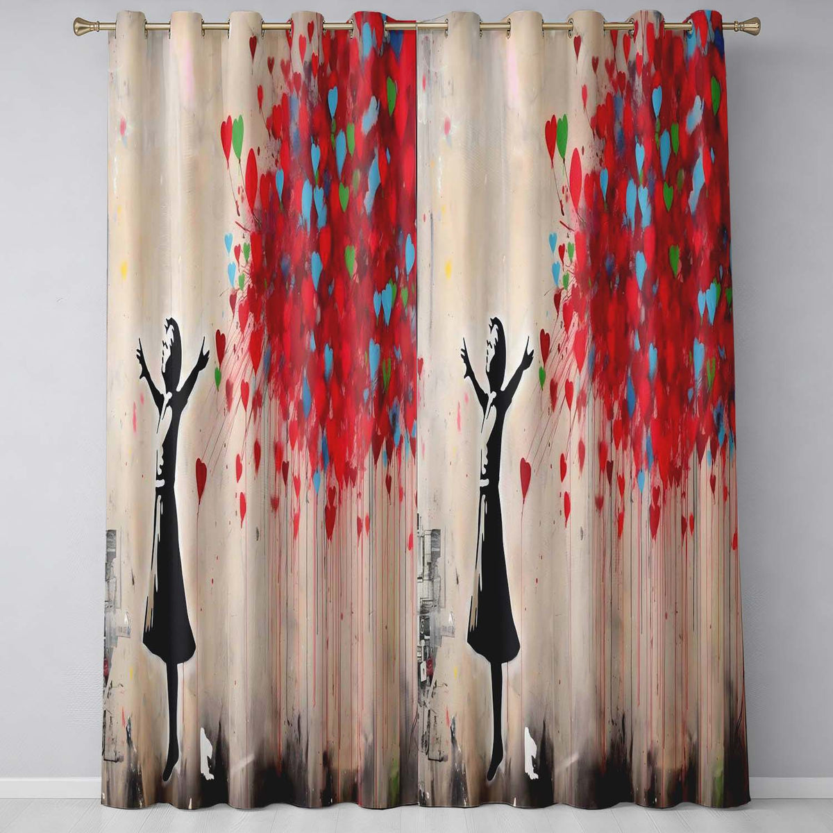 Girl Releasing Colourful Heart Balloons Street Art Striking Design for Home Decor Readymade Eyelet Ring Top Thermal 100% Blackout Curtains