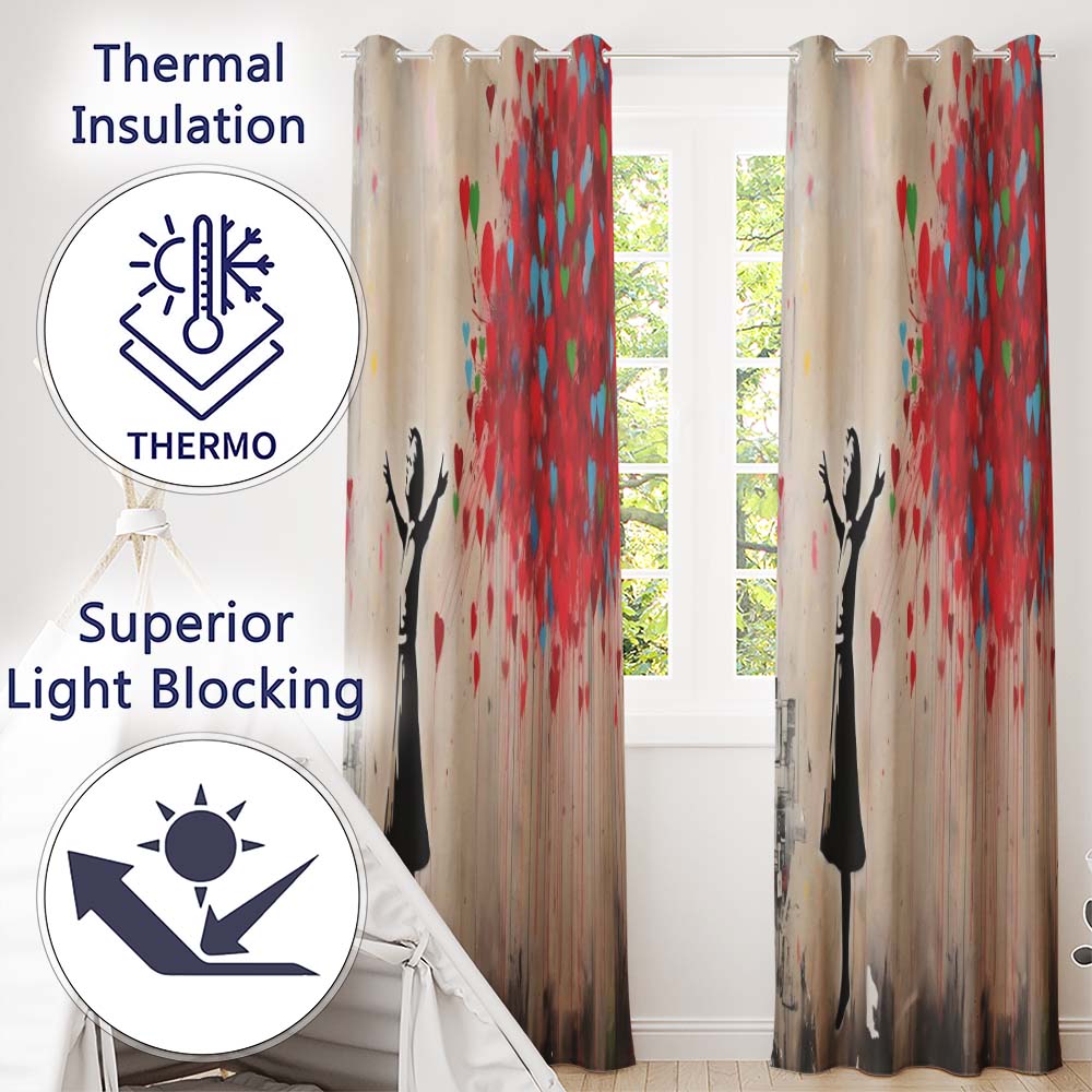 Girl Releasing Colourful Heart Balloons Street Art Striking Design for Home Decor Readymade Eyelet Ring Top Thermal 100% Blackout Curtains
