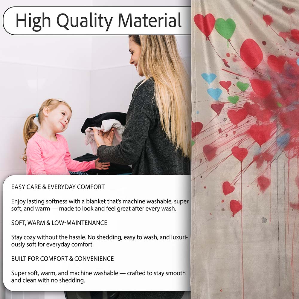 Girl Releasing Colourful Heart Balloons Street Art, All Season Comfort, Stylish Room Decoration - Super Soft Fleece Blanket Bed Sofa Throw