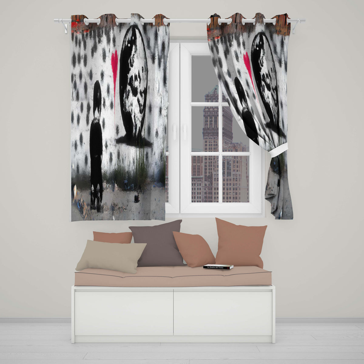Child Looking at the World with Pink Heart Street Art Elegant Artistic Home Decor Readymade Eyelet Ring Top Thermal 100% Blackout Curtains