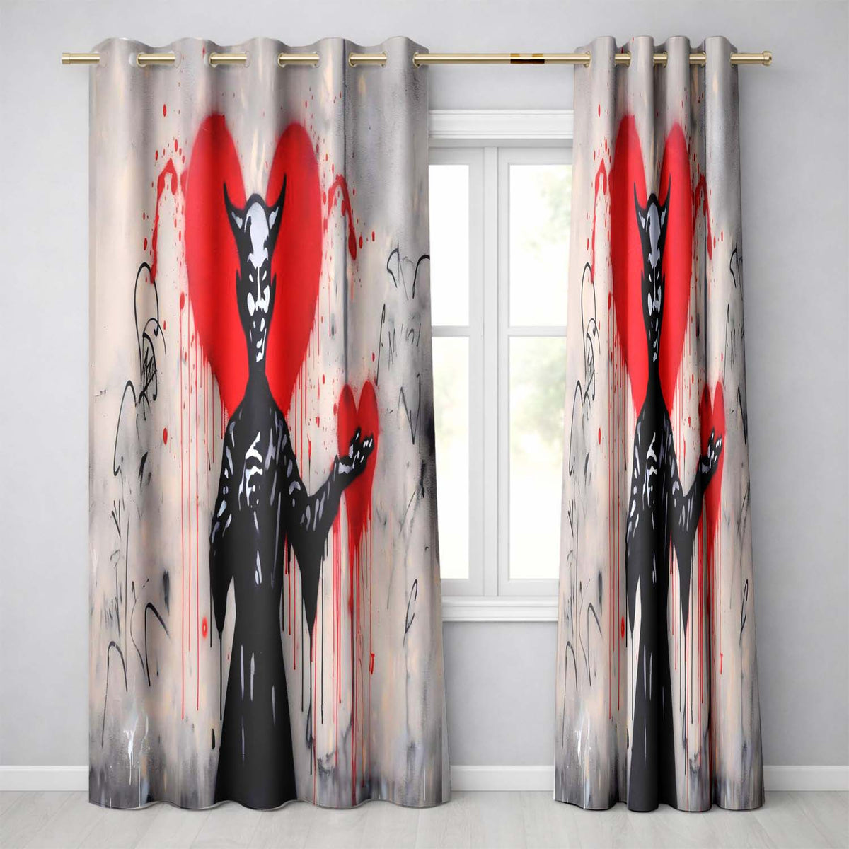 Devil Offering Red Heart Street Art Striking Elegant Design for Modern Home Decor Readymade Eyelet Ring Top Thermal 100% Blackout Curtains