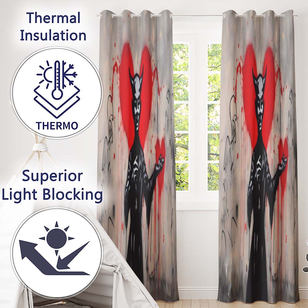 Devil Offering Red Heart Street Art Striking Elegant Design for Modern Home Decor Readymade Eyelet Ring Top Thermal 100% Blackout Curtains