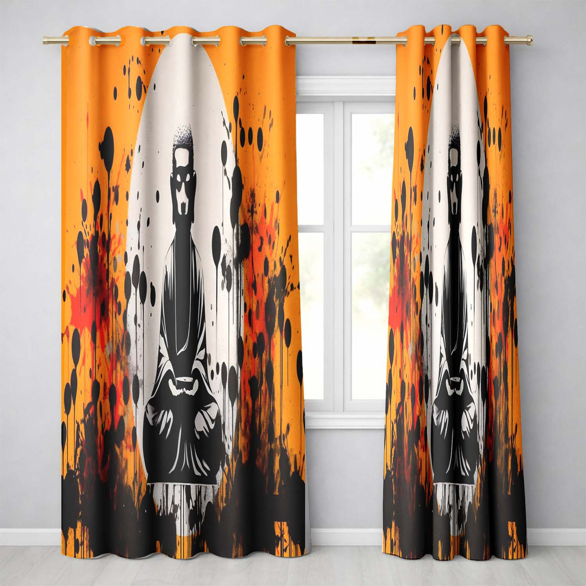 Zen Monk Meditation Graffiti Contemporary Expressive Design for Modern Home Decor Readymade Eyelet Ring Top Thermal 100% Blackout Curtains