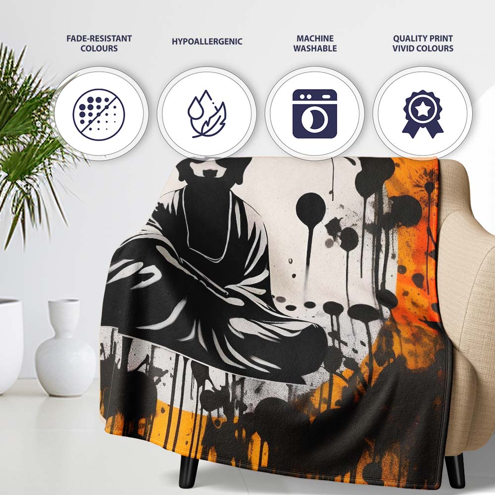 Zen Monk Meditation Graffiti, Cozy Home Decor, All Season Comfort, Thoughtful Housewarming Gift - Super Soft Fleece Blanket Bed Sofa Throw