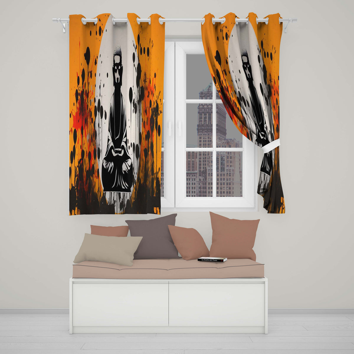 Zen Monk Meditation Graffiti Contemporary Expressive Design for Modern Home Decor Readymade Eyelet Ring Top Thermal 100% Blackout Curtains