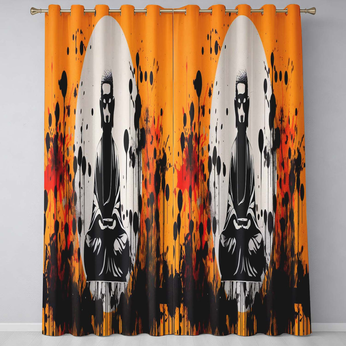 Zen Monk Meditation Graffiti Contemporary Expressive Design for Modern Home Decor Readymade Eyelet Ring Top Thermal 100% Blackout Curtains