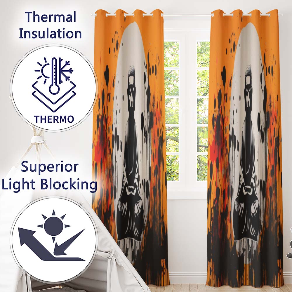 Zen Monk Meditation Graffiti Contemporary Expressive Design for Modern Home Decor Readymade Eyelet Ring Top Thermal 100% Blackout Curtains
