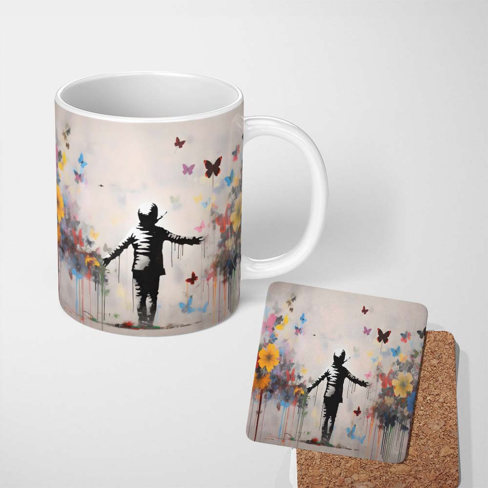 Child Surrounded by Butterflies and Wildflowers Street Art 11oz Ceramic Coffee Tea Mug White Large Handle