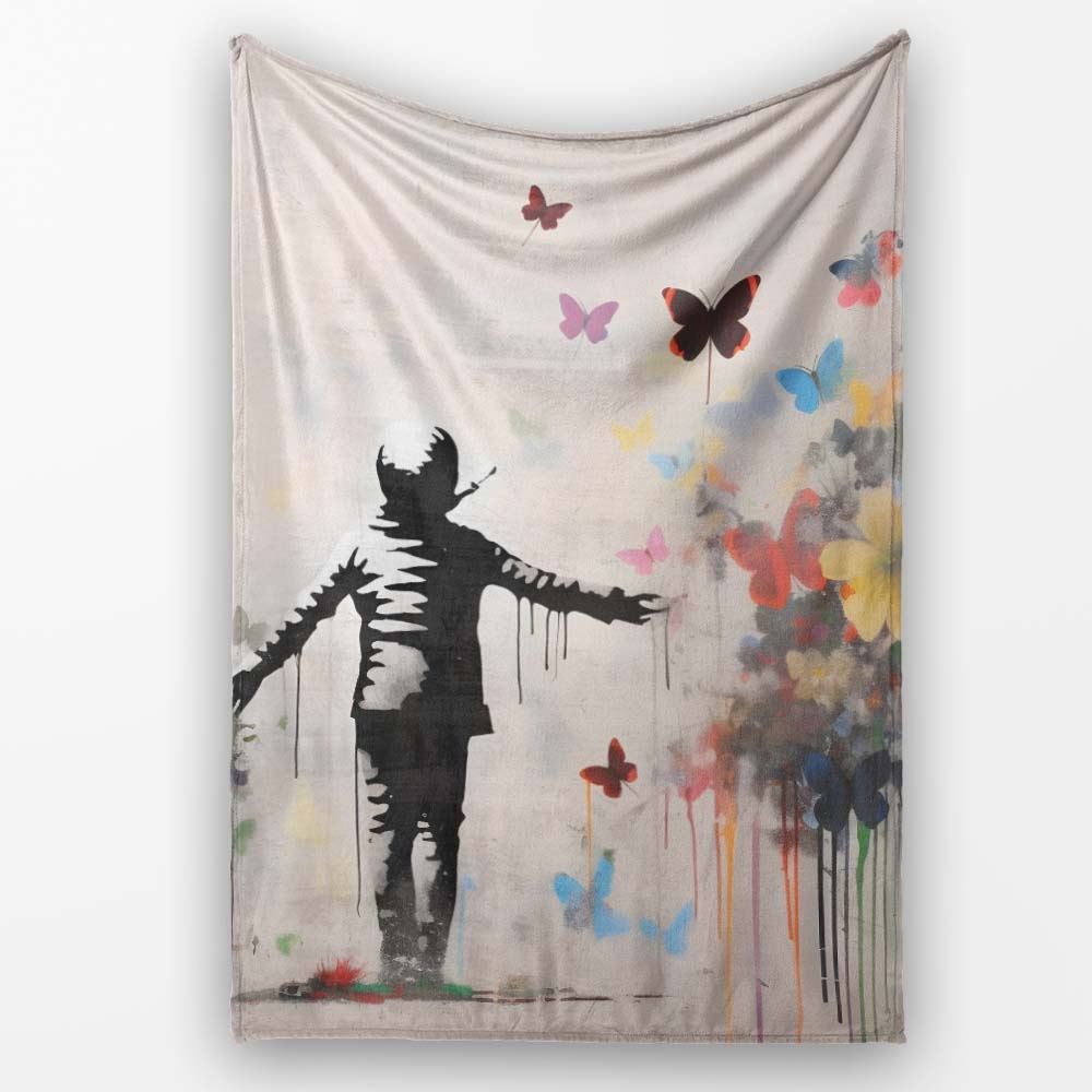 Child Surrounded by Butterflies and Wildflowers Street Art, Comfortable Premium All Season Gift - Super Soft Fleece Blanket Bed Sofa Throw