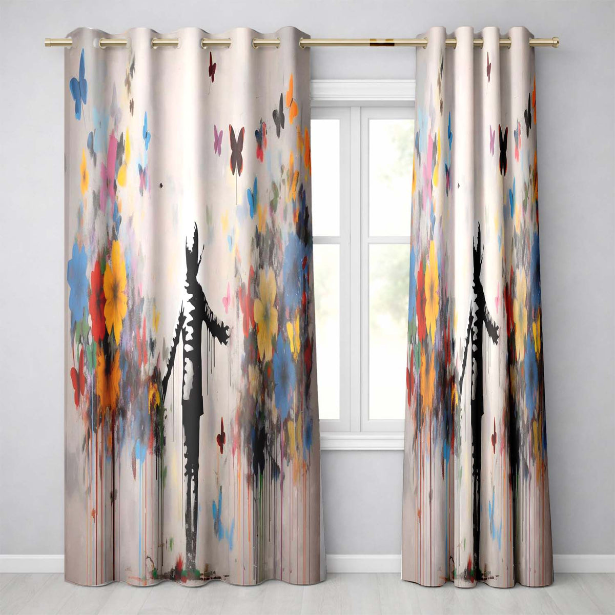 Child Surrounded by Butterflies and Wildflowers Street Art Distinctive Home Decor Readymade Eyelet Ring Top Thermal 100% Blackout Curtains