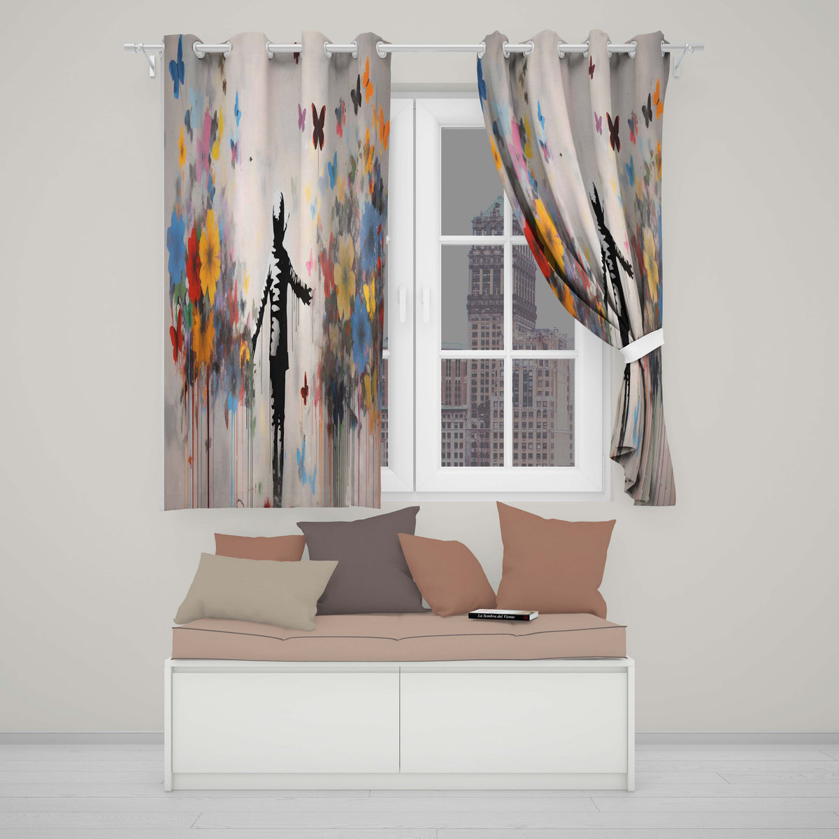 Child Surrounded by Butterflies and Wildflowers Street Art Distinctive Home Decor Readymade Eyelet Ring Top Thermal 100% Blackout Curtains