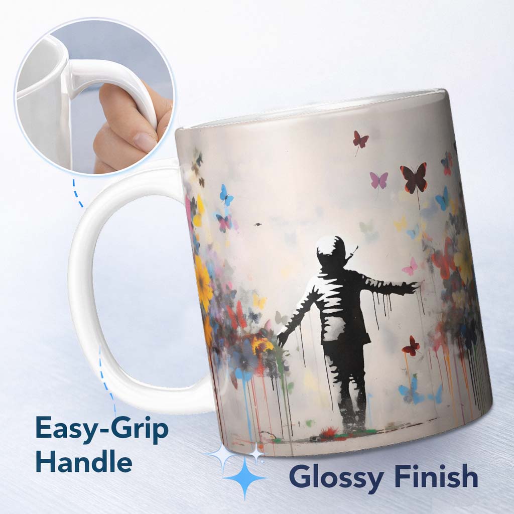 Child Surrounded by Butterflies and Wildflowers Street Art 11oz Ceramic Coffee Tea Mug White Large Handle