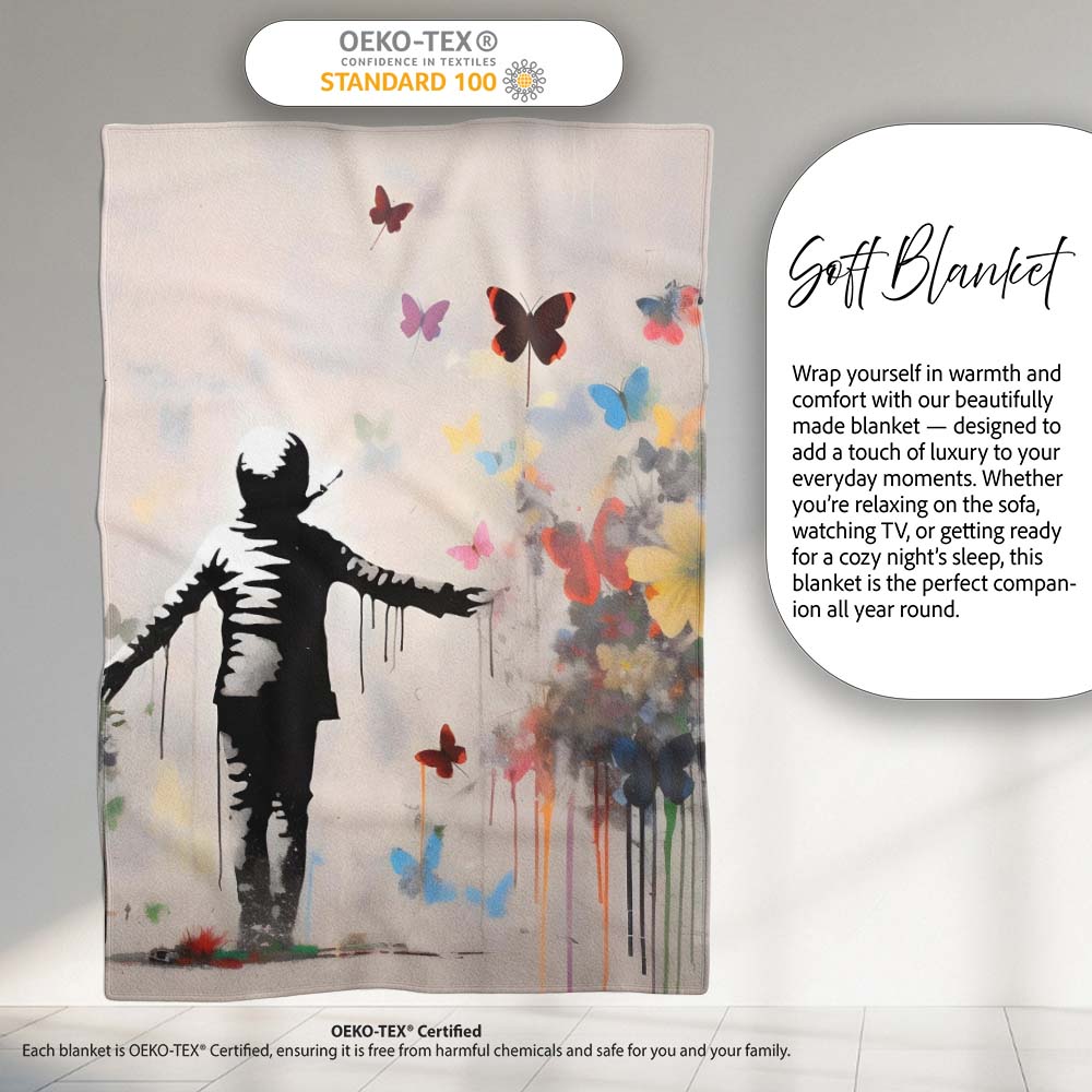 Child Surrounded by Butterflies and Wildflowers Street Art, Comfortable Premium All Season Gift - Super Soft Fleece Blanket Bed Sofa Throw
