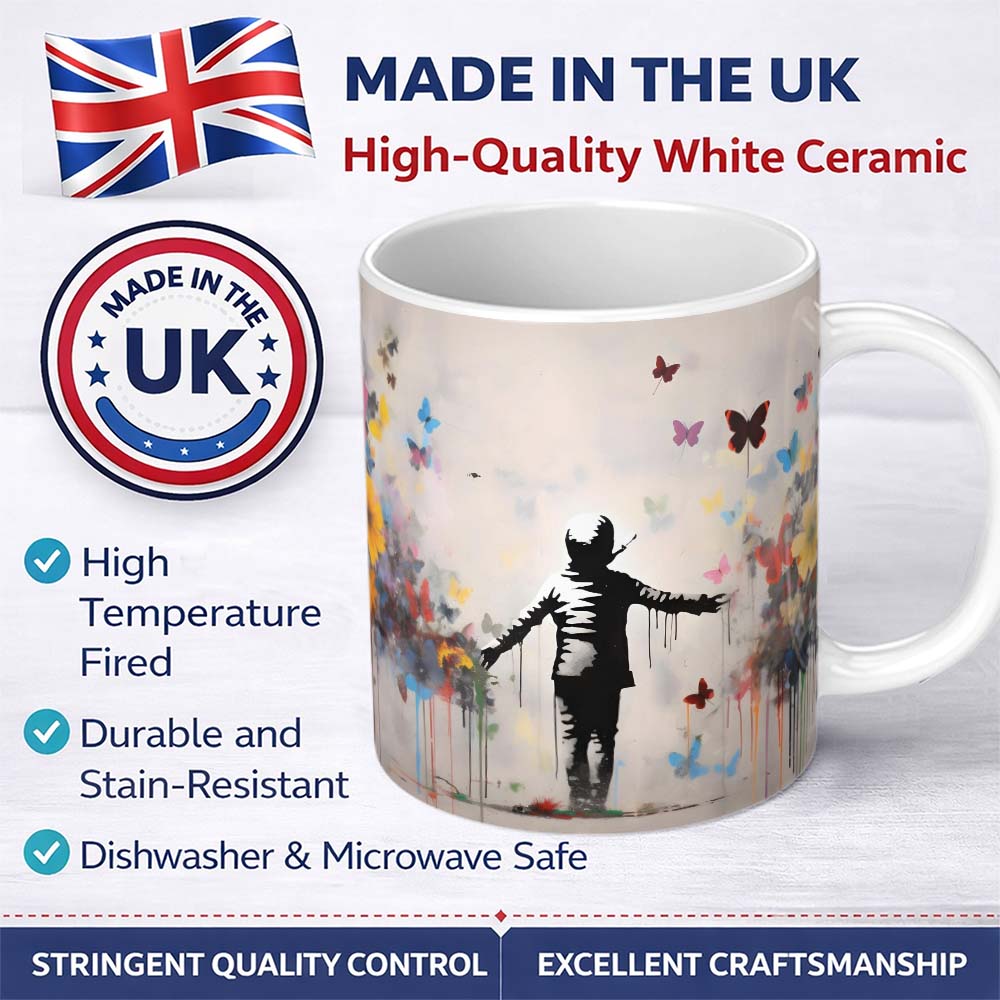 Child Surrounded by Butterflies and Wildflowers Street Art 11oz Ceramic Coffee Tea Mug White Large Handle
