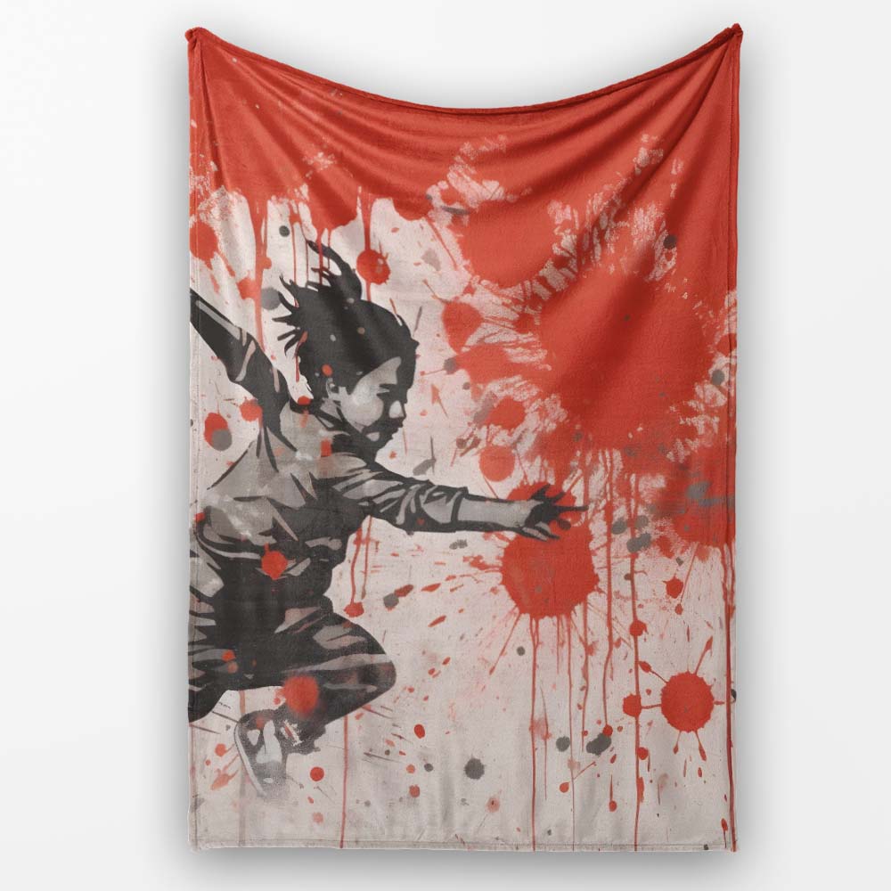 Running Child with Red Paint Splatter Street Art, All Season Comfort, Gift for Adults and Teens - Super Soft Fleece Blanket Bed Sofa Throw
