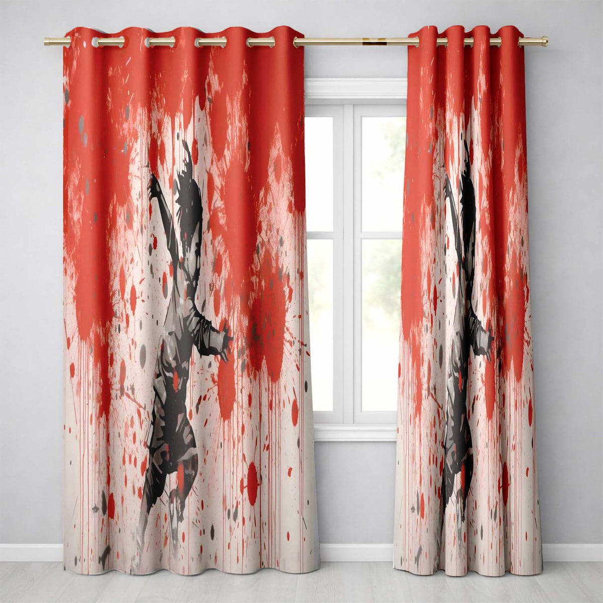 Running Child with Red Paint Splatter Street Art Unique Artwork for Bedroom Decor Readymade Eyelet Ring Top Thermal 100% Blackout Curtains