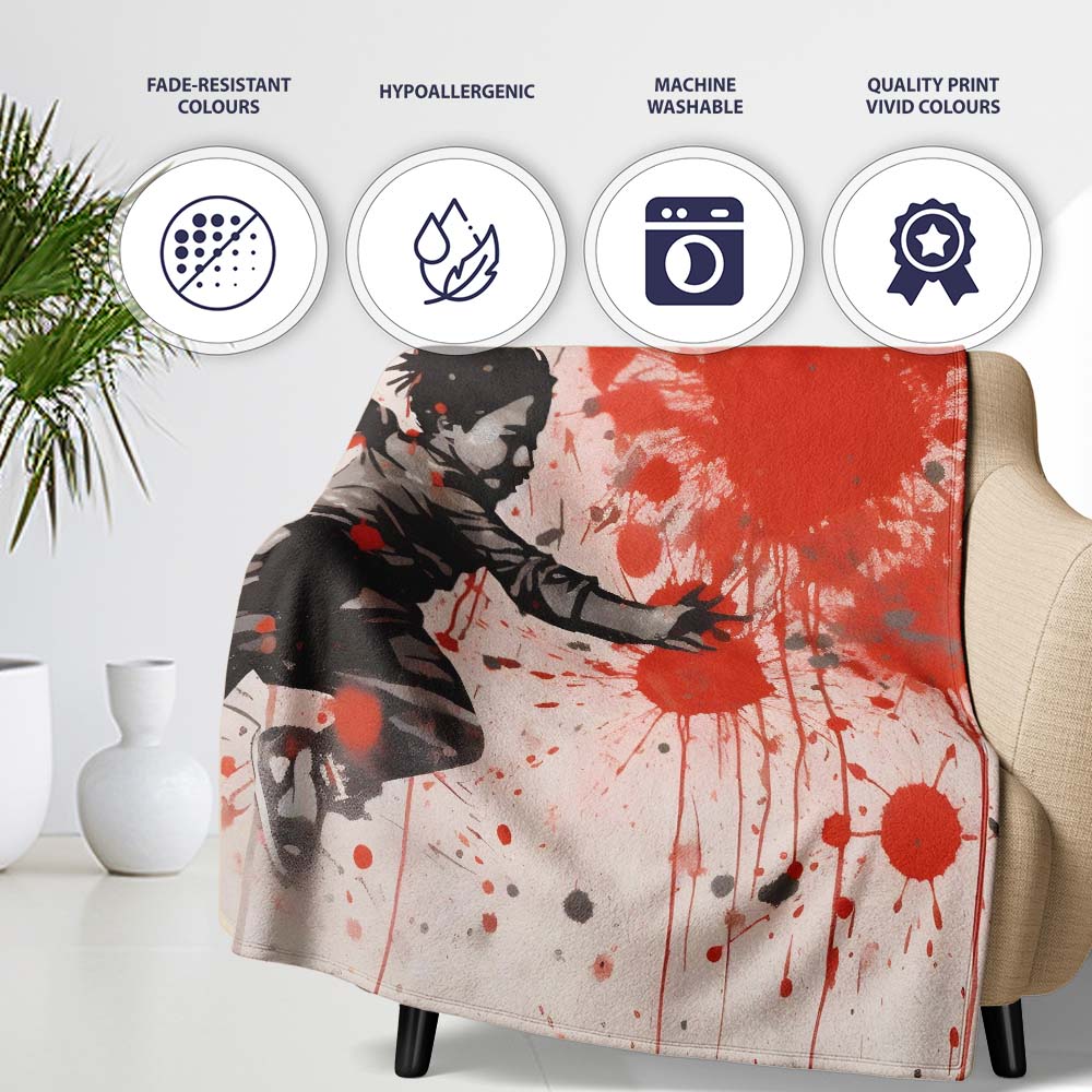 Running Child with Red Paint Splatter Street Art, All Season Comfort, Gift for Adults and Teens - Super Soft Fleece Blanket Bed Sofa Throw
