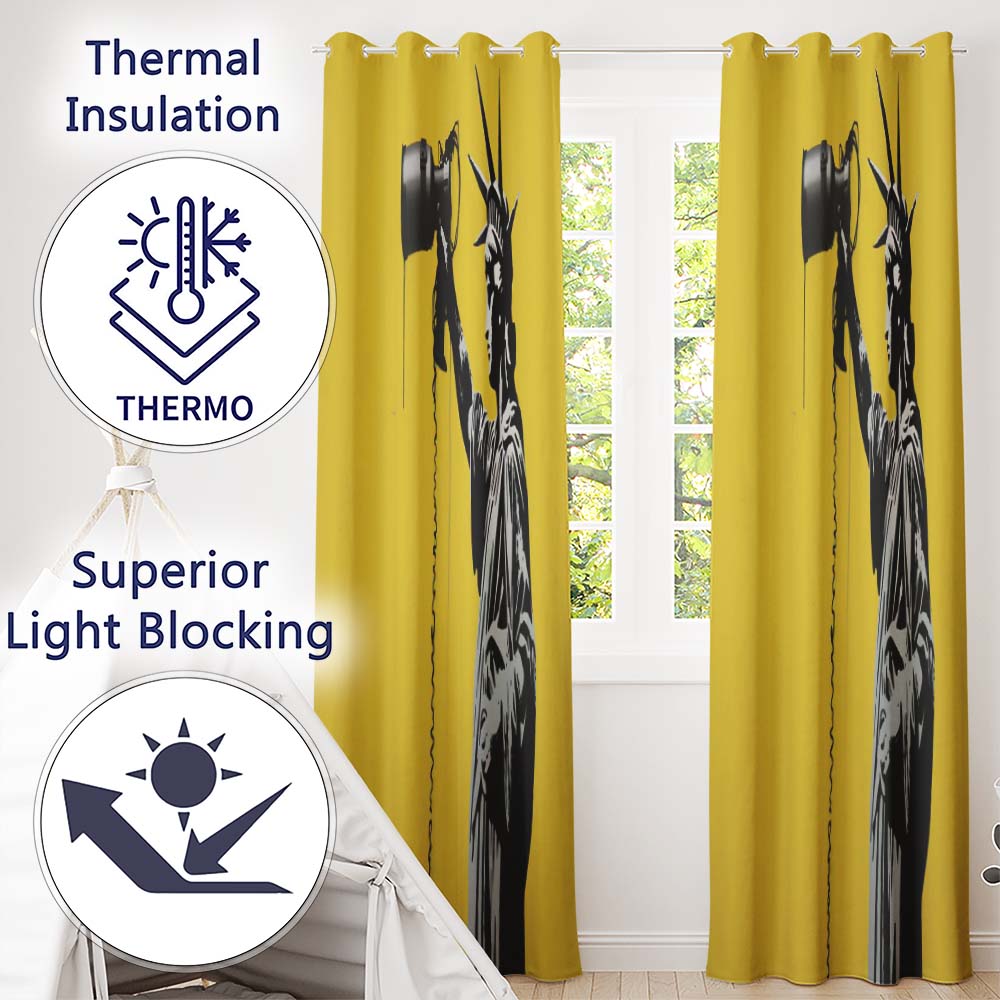 Statue of Liberty Holding Megaphone Graffiti Expressive Artwork for Bedroom Decor Readymade Eyelet Ring Top Thermal 100% Blackout Curtains