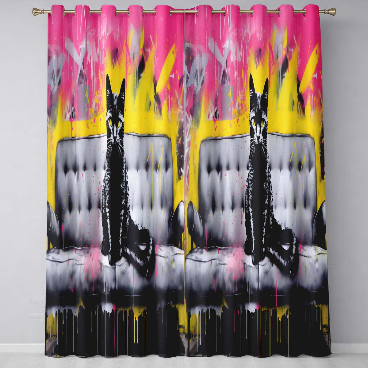 Black Cat on Modern Sofa Colour Splash Expressive Creative Artwork for Home Decor Readymade Eyelet Ring Top Thermal 100% Blackout Curtains