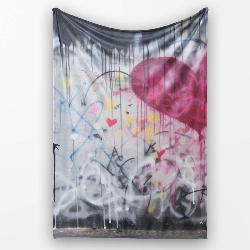 Girl Reaching for Pink Heart Balloon Street Art, Bedroom Living Room Accent, All Season Comfort - Super Soft Fleece Blanket Bed Sofa Throw