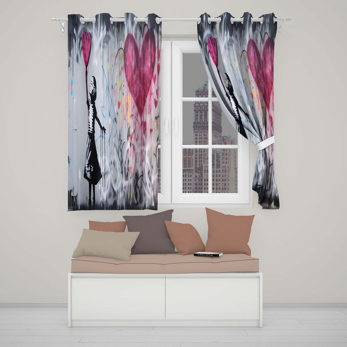 Girl Reaching for Pink Heart Balloon Street Art Vibrant Artwork for Bedroom Decor Readymade Eyelet Ring Top Thermal 100% Blackout Curtains