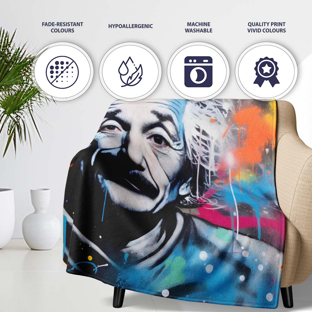 Albert Einstein Colour Splash Portrait Graffiti, Bedroom Living Room Accent, All Season Comfort - Super Soft Fleece Blanket Bed Sofa Throw