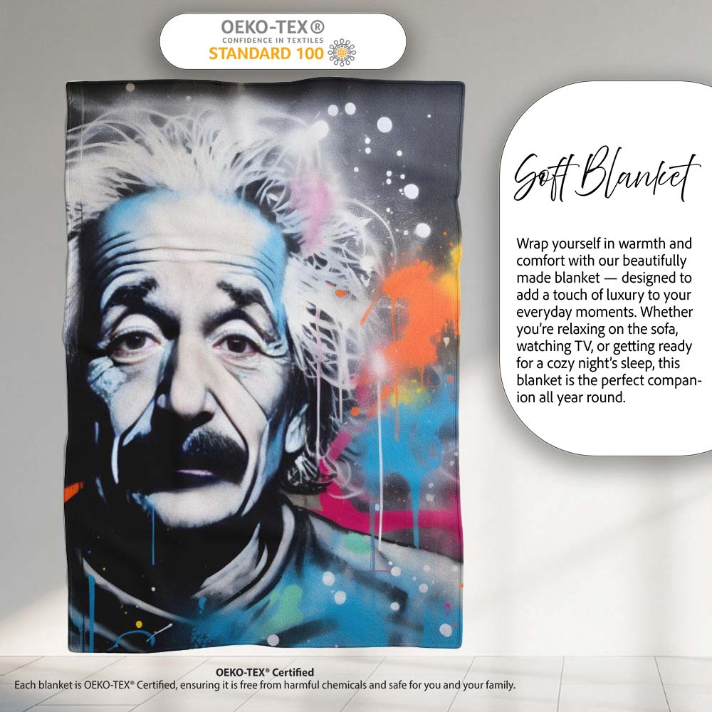 Albert Einstein Colour Splash Portrait Graffiti, Bedroom Living Room Accent, All Season Comfort - Super Soft Fleece Blanket Bed Sofa Throw