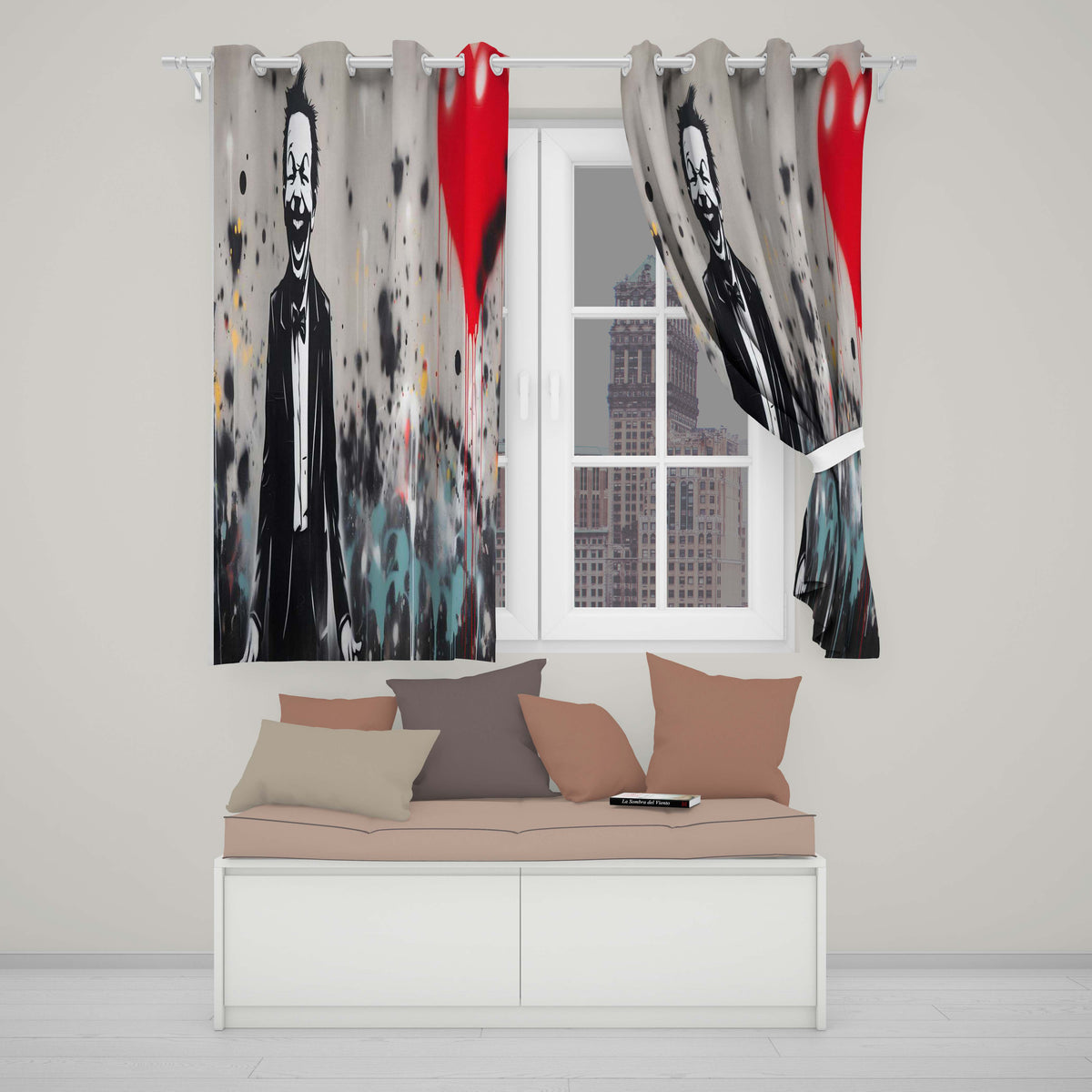 Laughing Man with Red Heart Urban Graffiti Artistic Modern Artwork for Home Decor Readymade Eyelet Ring Top Thermal 100% Blackout Curtains