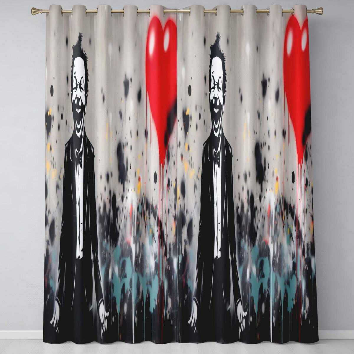 Laughing Man with Red Heart Urban Graffiti Artistic Modern Artwork for Home Decor Readymade Eyelet Ring Top Thermal 100% Blackout Curtains