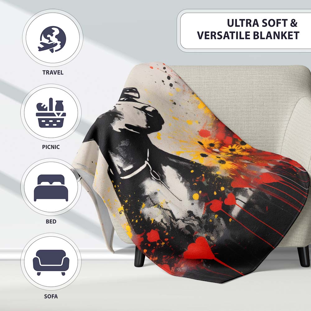 Dog Portrait with Red and Yellow Flowers, Bedroom Living Room Accent, Decorative Wall Art Style - Super Soft Fleece Blanket Bed Sofa Throw