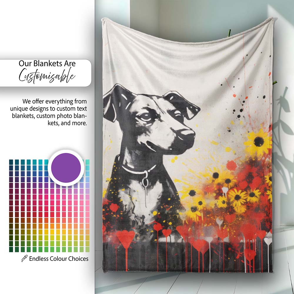 Dog Portrait with Red and Yellow Flowers, Bedroom Living Room Accent, Decorative Wall Art Style - Super Soft Fleece Blanket Bed Sofa Throw