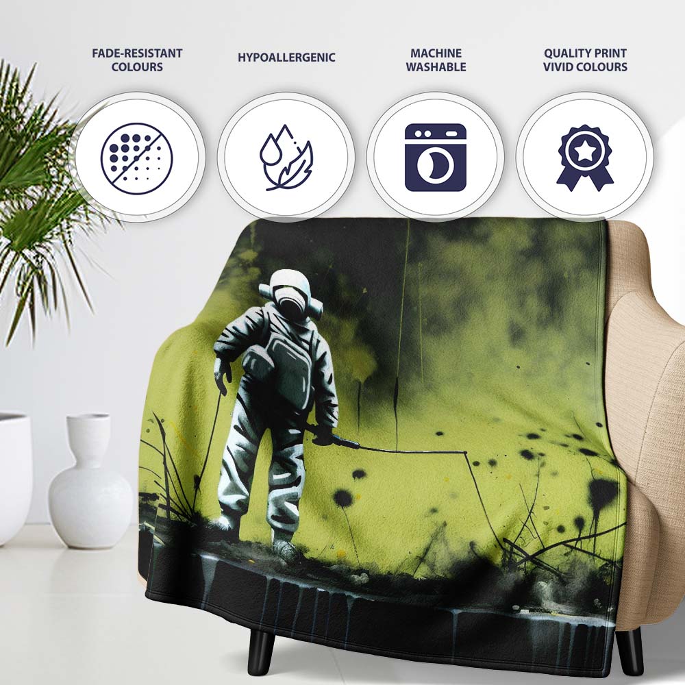 Lone Figure in Green Toxic Landscape Street Art, Bedroom Living Room Accent, All Season Comfort - Super Soft Fleece Blanket Bed Sofa Throw