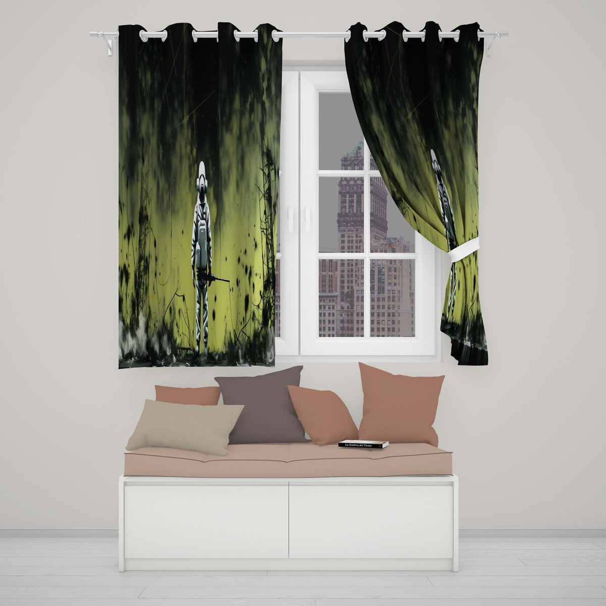 Lone Figure in Green Toxic Landscape Street Art Vibrant Artwork for Bedroom Decor Readymade Eyelet Ring Top Thermal 100% Blackout Curtains